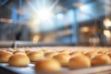 Selbstklebende Fototapeten Automatic conveyor with fresh bread at the factory. Bread production line, pastries, natural delicious bread baking enterprise © FoxTok