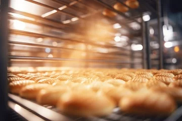 Photo sur Aluminium Pain Automatic conveyor with fresh bread at the factory. Bread production line, pastries, natural delicious bread baking enterprise