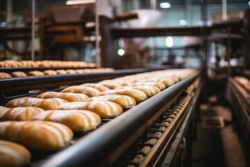 Fototapeta premium Automatic conveyor with fresh bread at the factory. Bread production line, pastries, natural delicious bread baking enterprise