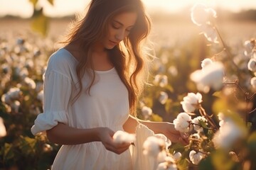 Young beautiful girl picks cotton in field at sunset. A woman in white cotton dress collects cotton flowers. Natural fiber for the production of textiles, cosmetics - obrazy, fototapety, plakaty