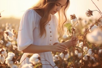 Young beautiful girl picks cotton in field at sunset. A woman in white cotton dress collects cotton flowers. Natural fiber for the production of textiles, cosmetics