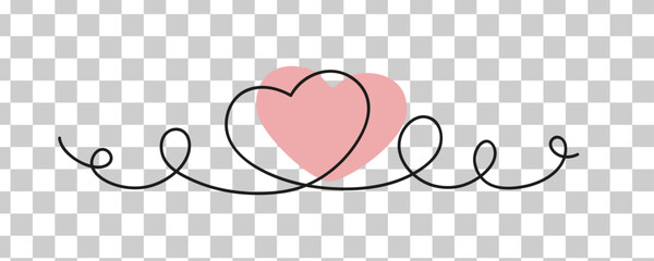Heart with one line with curls vector without background design element for wedding anniversary postcard in line art love day line in curves