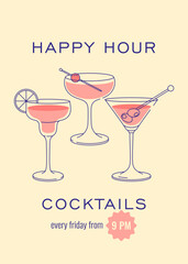 Modern flat happy hour cocktails print. Colorful background with cocktail glasses. Cafe, bar and restaurant concept poster and web banner. Vector illustration.