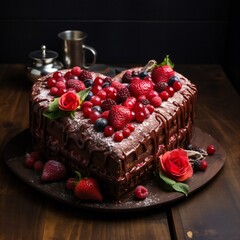The heart-shaped cake is decorated with fresh berries, chocolate and flowers. Cake with fresh strawberries, raspberries and red currants. Dessert with red berries. Valentine's Day.