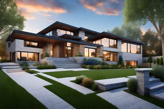 3D,Contemporary Home Exterior with Colorful Sunset. Green Grass, Brick and Stacked Stone, Meticulous Landscaping, painting with blue and white color