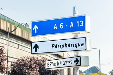 A6, A13 and Peripherique road sign outside the city of Paris, France