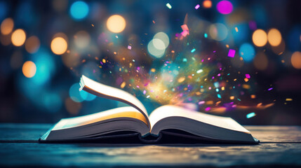 Open book with colorful bokeh lights on background. Vintage filtered image
