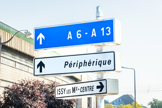 A6, A13 and Peripherique road sign outside the city of Paris, France