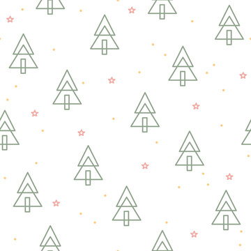Seamless vector pattern with cute hand drawn Christmas trees and stars. Fun design. Winter Scandi lineart background for wrapping paper, textile, fabric, wallpaper, gift, card, packaging, apparel.