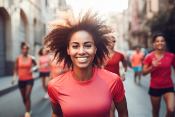 Woman with beautiful smile running a marathon race in the strrets of the city. Healthy active lifestyle.  - obrazy, fototapety, plakaty