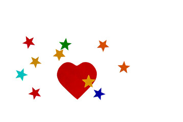 Red heart and multi-colored stars isolated on transparent background. Flat lay. Copy space for valentine day. PNG