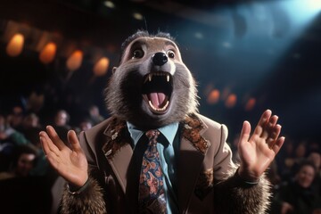 Man in a groundhog mask at the concert on the occasion of Groundhog Day - obrazy, fototapety, plakaty