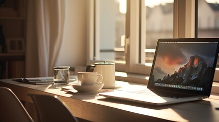 Fototapeta premium Window. Minimalist lifestyle. Beautiful morning. Minimalistic Scandinavian interior, with a simple beautiful composition. Cozy workday styled photo. Spring or Summer