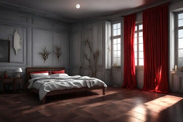 3D room, with unique lighting, white backgroung, red curtain, the moon throug the windo is also seen, nighmode out side of the room,