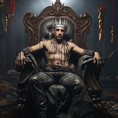 Man seated on throne. Great for stories on fashion , royalty, adventure, epics, history and more.  - obrazy, fototapety, plakaty