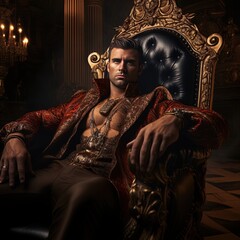 Man seated on throne. Great for stories on fashion , royalty, adventure, epics, history and more. 