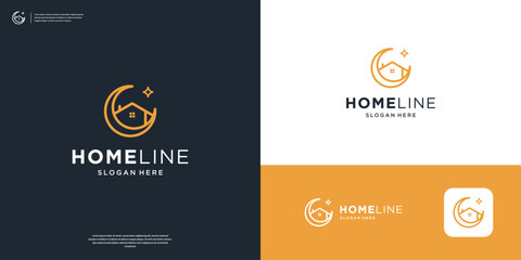 Minimalist home and moon logo with line art style
