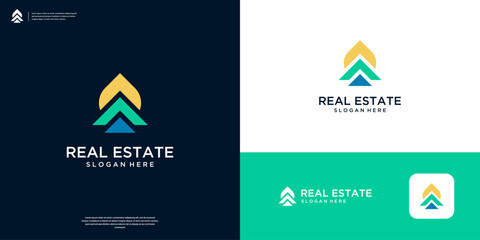 Roof and leaf logo design real estate.