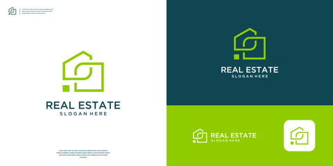 Home and leaf logo with abstract line art. Minimalist real estate logo design template.