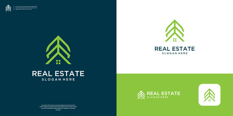 Home and leaf logo with abstract line art. Minimalist real estate logo design template. - obrazy, fototapety, plakaty