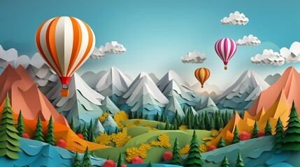 vibrant summer mountain landscape with hot air balloons, clouds, and birds - paper cut out art digital craft style - nature scenery