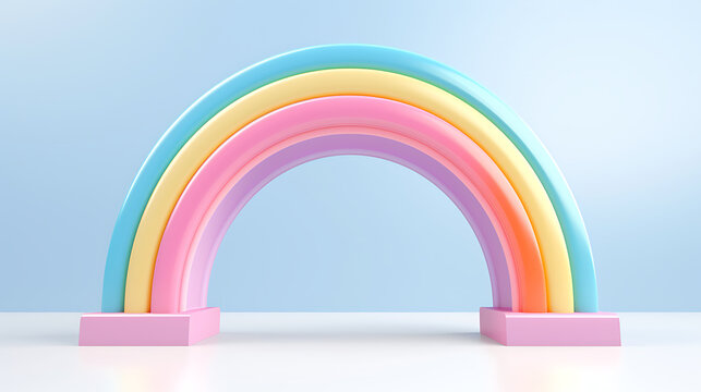 3d cartoon rainbow arch of colors in the sky on white background. 3d product background concept rain season for banner, cover, brochure. 3d rendering illustration. Generative Ai