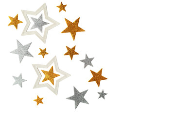 Beautiful Christmas background of many gold and silver stars on a white background