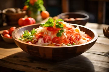 Poster Thai papaya salad in brown dish on wooden table in asian kitchen with sunlight. © Atiwan Janprom