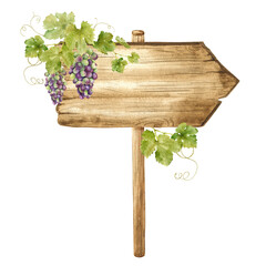 Wooden signboards for grape plantations, vineyards. Wood board with bunches of grapes and leaves. Signboard with grapevine. Isolated watercolor illustrations. For postcards, marketing, invitations.