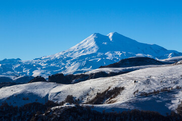 Russia, the Caucasus Mountains, Kabardino-Balkaria. Mount Elbrus in winter