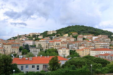 Fototapeta na wymiar Old town landscape, Sartene on a cloudy day, South Corsica, France