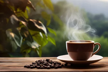 Coffee cup with smoke and coffee beans on wooden table on nature background. © Atiwan Janprom