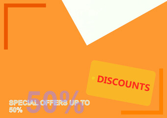 Orange background. Sales poster with up to fifty percent discount.