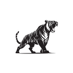 Powerful Tiger Attack Silhouette with Roaring Expression - Black Vector Tiger Roaring Silhouette
