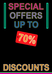 Sale poster on black background and multi-color text with up to seventy percent discount.