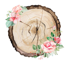 Watercolor wooden round slices with pink roses bouquet. Isolated illustration element