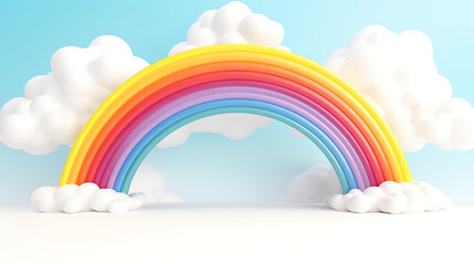 3d cartoon rainbow arch of colors in the sky on white background. 3d product background concept rain season for banner, cover, brochure. 3d rendering illustration. Generative Ai