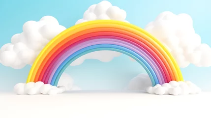 Foto op Canvas 3d cartoon rainbow arch of colors in the sky on white background. 3d product background concept rain season for banner, cover, brochure. 3d rendering illustration. Generative Ai © mahaart