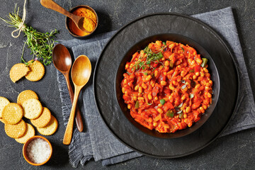 chakalaka, spicy tomato bean relish in black bowl