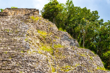 Coba Maya Ruins Nohoch Mul pyramid in tropical jungle Mexico.