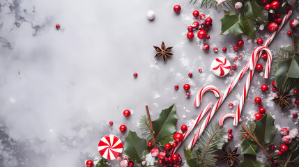 Christmas holiday background ,Christmas Tree Branches Decorated with Berries, Stars and Candy Canes.Website banner with space for text.