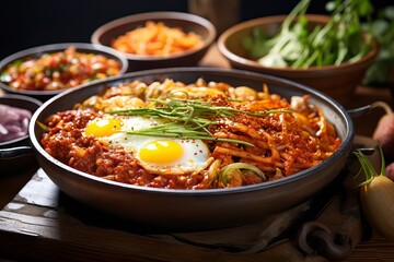 Tasty Korean food in cafe with a rustic style - obrazy, fototapety, plakaty