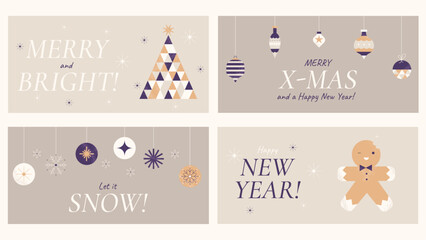 Christmas cards in a minimalist retro style with Christmas tree, balls, snowflakes and gingerbread man. Vector illustration in a trendy flat style.