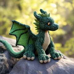 a toy dragon tied with green threads sits on a gray stone on the street against a background of greenery in which sunlight is visible