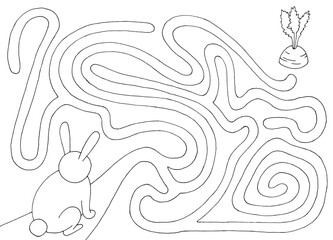 Rabbit goes to the carrot maze graphic black white sketch illustration vector