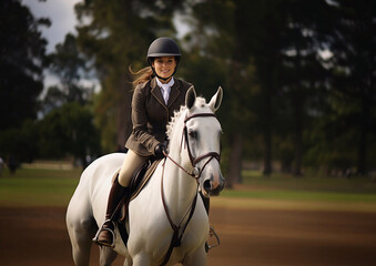 Professional female equestrian on horse on equestrian arena.Macro.AI Generative.