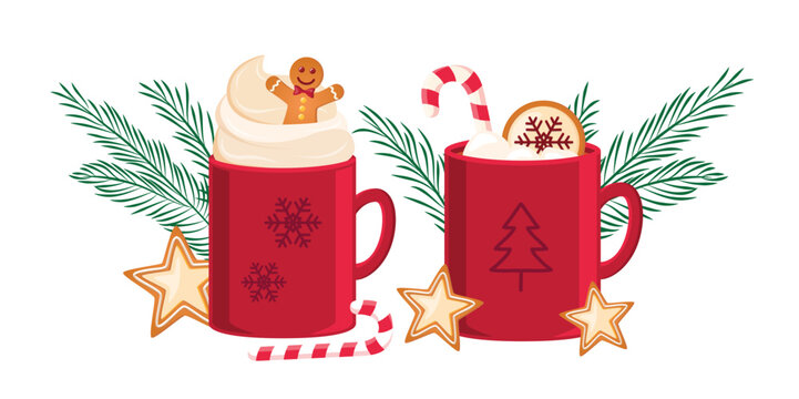 christmas winter cocoa drink cup set with gingerbread star and candy cane vector illustration EPS10