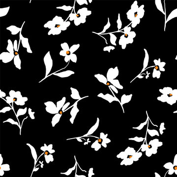 Abstract Hand Drawing Beautiful Spring Summer Ditsy Flowers and Leaves Seamless Vector Pattern Isolated Background