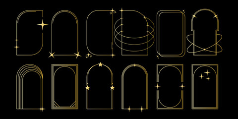Elegant Golden Geometric Frames with Celestial Elements on a Dark Background. Luxury gold borders for for wedding invitation. Thin line oval and rectangle. Vector illustration