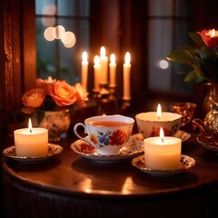 Fototapeta na wymiar Glasses of tea with candles, elegant luxury vintage floral theme